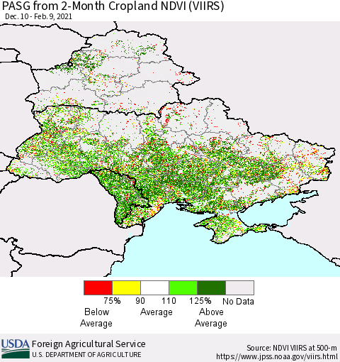 Ukraine, Moldova and Belarus PASG from 2-Month Cropland NDVI (VIIRS) Thematic Map For 2/1/2021 - 2/10/2021
