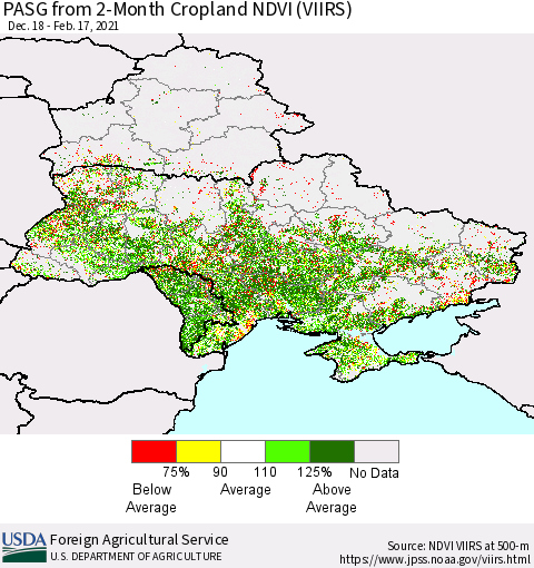 Ukraine, Moldova and Belarus PASG from 2-Month Cropland NDVI (VIIRS) Thematic Map For 2/11/2021 - 2/20/2021