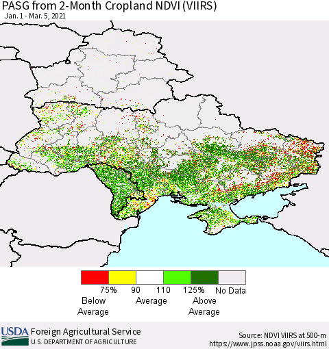Ukraine, Moldova and Belarus PASG from 2-Month Cropland NDVI (VIIRS) Thematic Map For 3/1/2021 - 3/10/2021