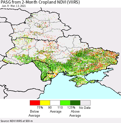 Ukraine, Moldova and Belarus PASG from 2-Month Cropland NDVI (VIIRS) Thematic Map For 3/6/2021 - 3/13/2021