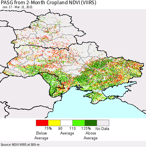 Ukraine, Moldova and Belarus PASG from 2-Month Cropland NDVI (VIIRS) Thematic Map For 3/14/2021 - 3/21/2021