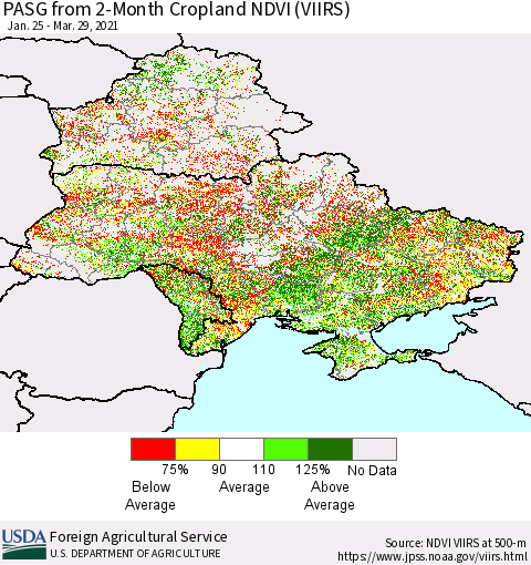 Ukraine, Moldova and Belarus PASG from 2-Month Cropland NDVI (VIIRS) Thematic Map For 3/21/2021 - 3/31/2021