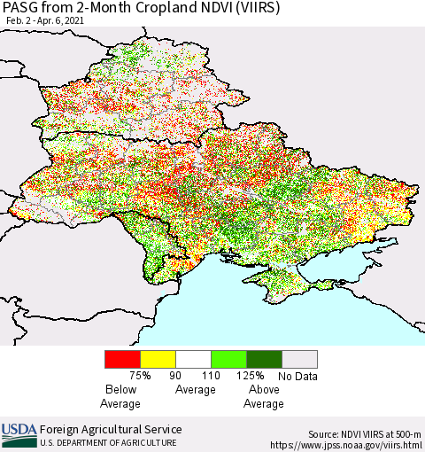Ukraine, Moldova and Belarus PASG from 2-Month Cropland NDVI (VIIRS) Thematic Map For 4/1/2021 - 4/10/2021