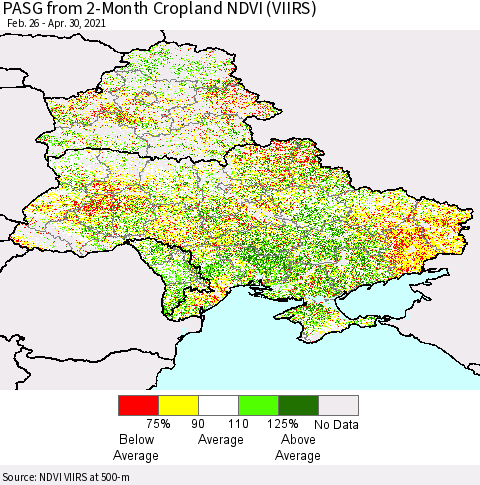 Ukraine, Moldova and Belarus PASG from 2-Month Cropland NDVI (VIIRS) Thematic Map For 4/21/2021 - 4/30/2021