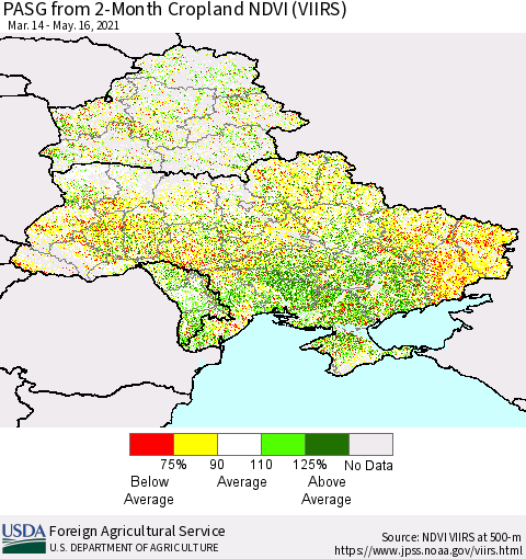 Ukraine, Moldova and Belarus PASG from 2-Month Cropland NDVI (VIIRS) Thematic Map For 5/11/2021 - 5/20/2021