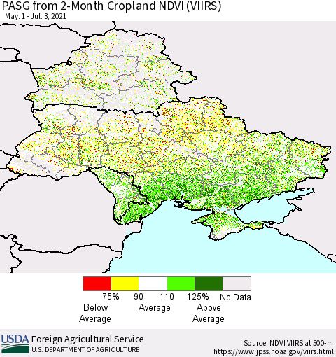 Ukraine, Moldova and Belarus PASG from 2-Month Cropland NDVI (VIIRS) Thematic Map For 7/1/2021 - 7/10/2021