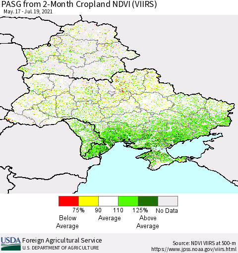 Ukraine, Moldova and Belarus PASG from 2-Month Cropland NDVI (VIIRS) Thematic Map For 7/11/2021 - 7/20/2021