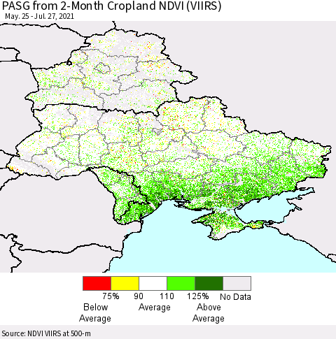 Ukraine, Moldova and Belarus PASG from 2-Month Cropland NDVI (VIIRS) Thematic Map For 7/20/2021 - 7/27/2021