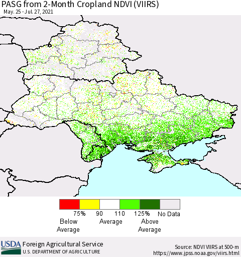 Ukraine, Moldova and Belarus PASG from 2-Month Cropland NDVI (VIIRS) Thematic Map For 7/21/2021 - 7/31/2021