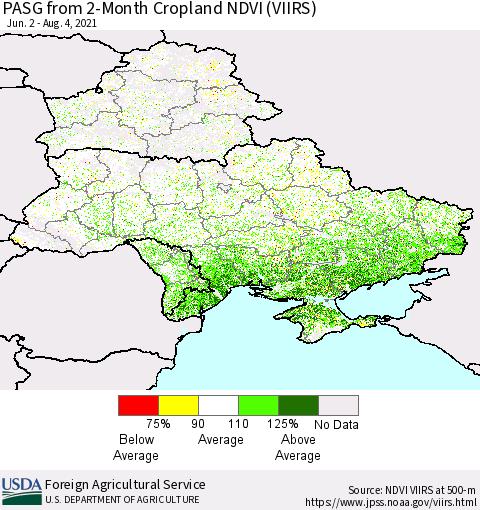 Ukraine, Moldova and Belarus PASG from 2-Month Cropland NDVI (VIIRS) Thematic Map For 8/1/2021 - 8/10/2021