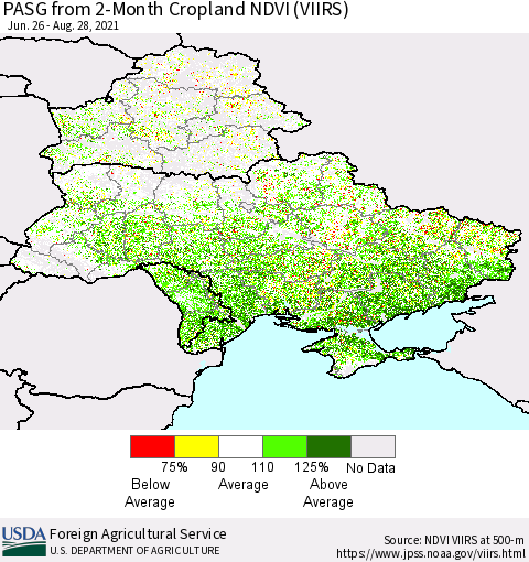 Ukraine, Moldova and Belarus PASG from 2-Month Cropland NDVI (VIIRS) Thematic Map For 8/21/2021 - 8/31/2021