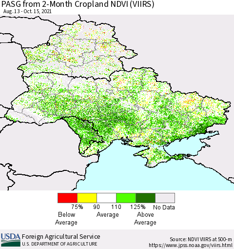 Ukraine, Moldova and Belarus PASG from 2-Month Cropland NDVI (VIIRS) Thematic Map For 10/11/2021 - 10/20/2021