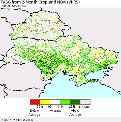 Ukraine, Moldova and Belarus PASG from 2-Month Cropland NDVI (VIIRS) Thematic Map For 10/16/2021 - 10/23/2021