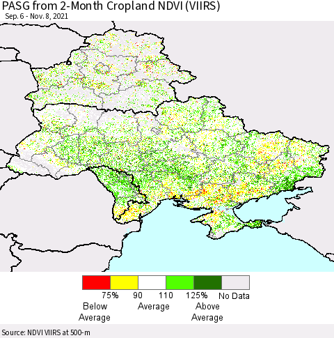 Ukraine, Moldova and Belarus PASG from 2-Month Cropland NDVI (VIIRS) Thematic Map For 11/1/2021 - 11/8/2021