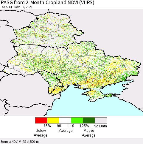 Ukraine, Moldova and Belarus PASG from 2-Month Cropland NDVI (VIIRS) Thematic Map For 11/9/2021 - 11/16/2021