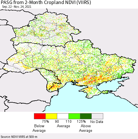 Ukraine, Moldova and Belarus PASG from 2-Month Cropland NDVI (VIIRS) Thematic Map For 11/17/2021 - 11/24/2021