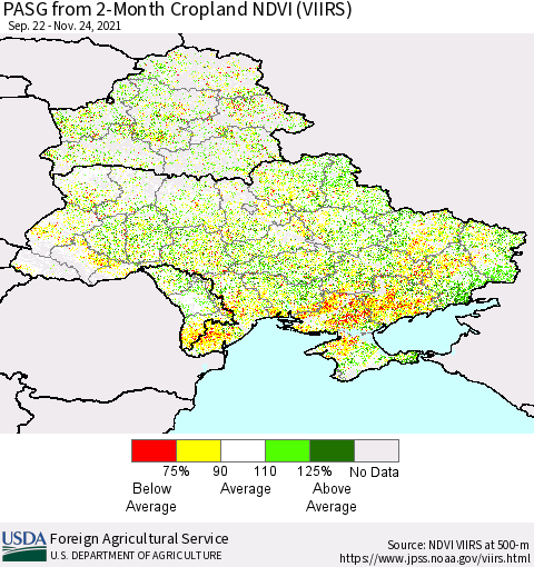 Ukraine, Moldova and Belarus PASG from 2-Month Cropland NDVI (VIIRS) Thematic Map For 11/21/2021 - 11/30/2021