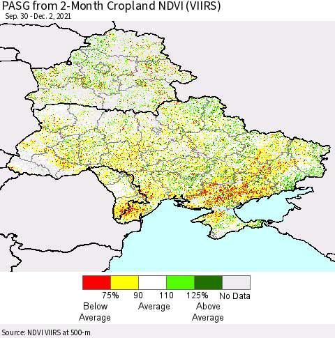 Ukraine, Moldova and Belarus PASG from 2-Month Cropland NDVI (VIIRS) Thematic Map For 11/25/2021 - 12/2/2021