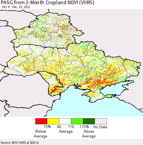 Ukraine, Moldova and Belarus PASG from 2-Month Cropland NDVI (VIIRS) Thematic Map For 12/3/2021 - 12/10/2021