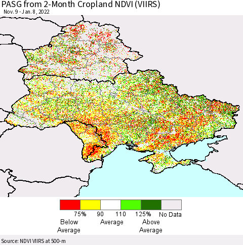 Ukraine, Moldova and Belarus PASG from 2-Month Cropland NDVI (VIIRS) Thematic Map For 1/1/2022 - 1/8/2022