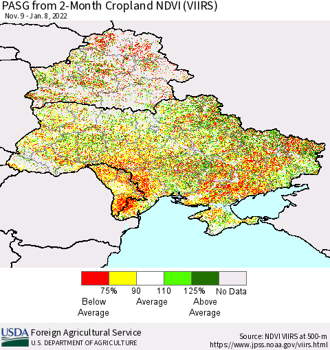 Ukraine, Moldova and Belarus PASG from 2-Month Cropland NDVI (VIIRS) Thematic Map For 1/1/2022 - 1/10/2022