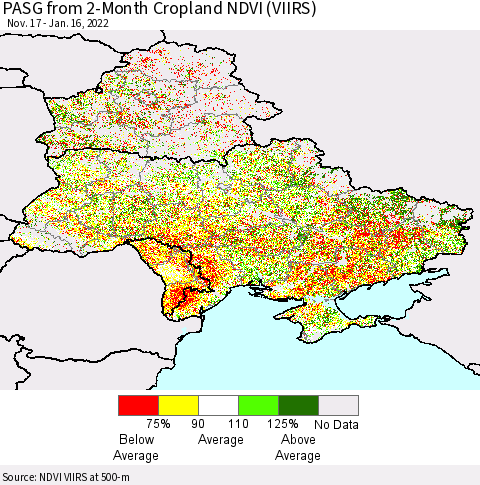 Ukraine, Moldova and Belarus PASG from 2-Month Cropland NDVI (VIIRS) Thematic Map For 1/9/2022 - 1/16/2022