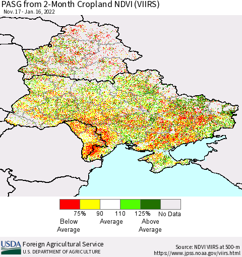 Ukraine, Moldova and Belarus PASG from 2-Month Cropland NDVI (VIIRS) Thematic Map For 1/11/2022 - 1/20/2022