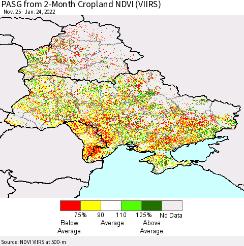 Ukraine, Moldova and Belarus PASG from 2-Month Cropland NDVI (VIIRS) Thematic Map For 1/17/2022 - 1/24/2022