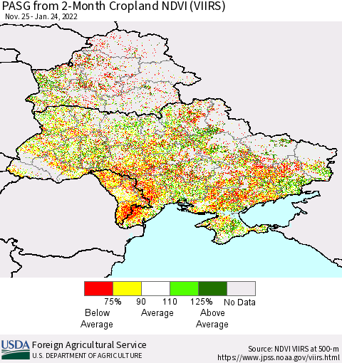 Ukraine, Moldova and Belarus PASG from 2-Month Cropland NDVI (VIIRS) Thematic Map For 1/21/2022 - 1/31/2022