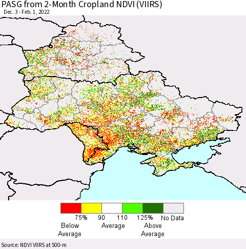 Ukraine, Moldova and Belarus PASG from 2-Month Cropland NDVI (VIIRS) Thematic Map For 1/25/2022 - 2/1/2022