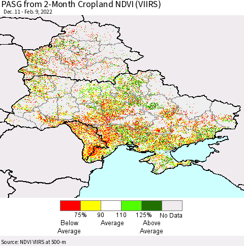Ukraine, Moldova and Belarus PASG from 2-Month Cropland NDVI (VIIRS) Thematic Map For 2/2/2022 - 2/9/2022