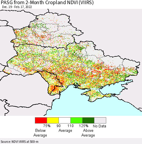 Ukraine, Moldova and Belarus PASG from 2-Month Cropland NDVI (VIIRS) Thematic Map For 2/10/2022 - 2/17/2022