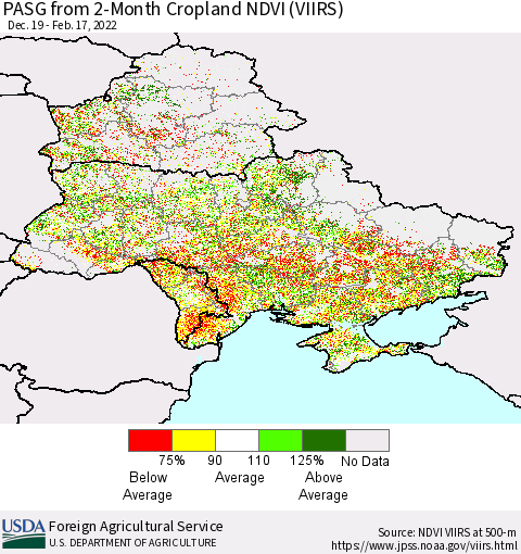 Ukraine, Moldova and Belarus PASG from 2-Month Cropland NDVI (VIIRS) Thematic Map For 2/11/2022 - 2/20/2022