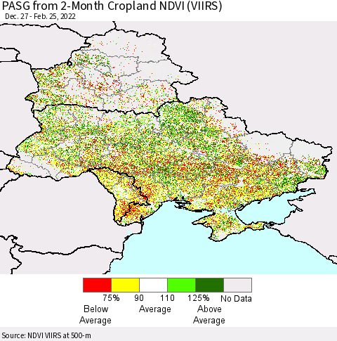 Ukraine, Moldova and Belarus PASG from 2-Month Cropland NDVI (VIIRS) Thematic Map For 2/18/2022 - 2/25/2022
