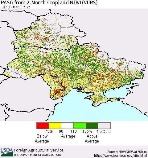 Ukraine, Moldova and Belarus PASG from 2-Month Cropland NDVI (VIIRS) Thematic Map For 3/1/2022 - 3/10/2022