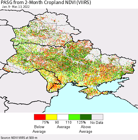Ukraine, Moldova and Belarus PASG from 2-Month Cropland NDVI (VIIRS) Thematic Map For 3/6/2022 - 3/13/2022