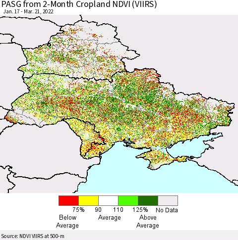 Ukraine, Moldova and Belarus PASG from 2-Month Cropland NDVI (VIIRS) Thematic Map For 3/14/2022 - 3/21/2022