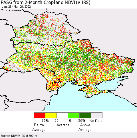 Ukraine, Moldova and Belarus PASG from 2-Month Cropland NDVI (VIIRS) Thematic Map For 3/22/2022 - 3/29/2022