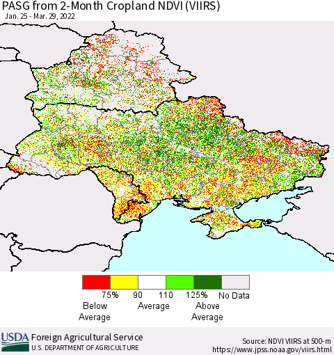Ukraine, Moldova and Belarus PASG from 2-Month Cropland NDVI (VIIRS) Thematic Map For 3/21/2022 - 3/31/2022