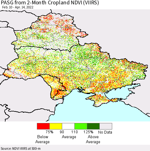 Ukraine, Moldova and Belarus PASG from 2-Month Cropland NDVI (VIIRS) Thematic Map For 4/7/2022 - 4/14/2022