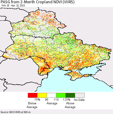 Ukraine, Moldova and Belarus PASG from 2-Month Cropland NDVI (VIIRS) Thematic Map For 4/15/2022 - 4/22/2022