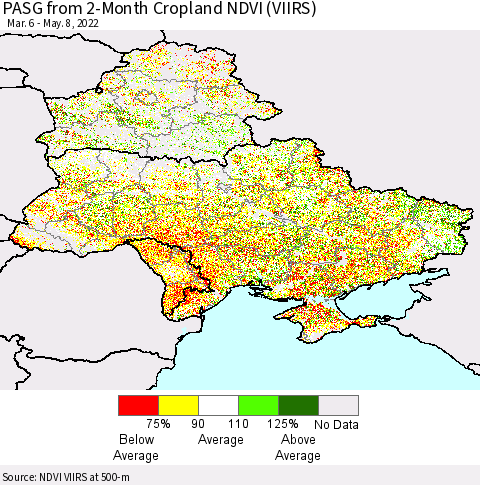 Ukraine, Moldova and Belarus PASG from 2-Month Cropland NDVI (VIIRS) Thematic Map For 5/1/2022 - 5/8/2022