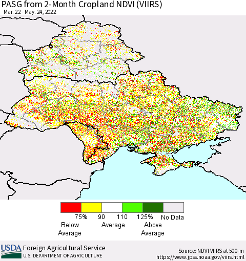 Ukraine, Moldova and Belarus PASG from 2-Month Cropland NDVI (VIIRS) Thematic Map For 5/21/2022 - 5/31/2022