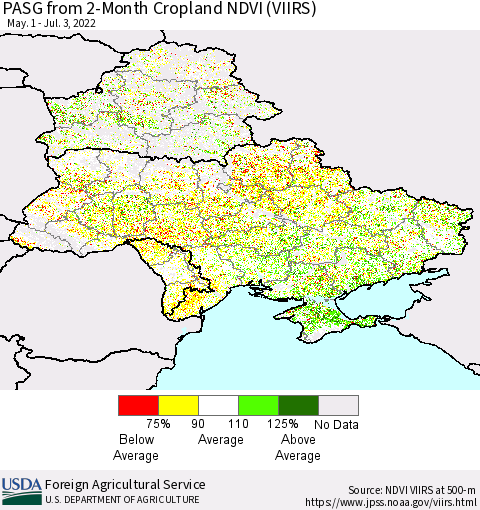 Ukraine, Moldova and Belarus PASG from 2-Month Cropland NDVI (VIIRS) Thematic Map For 7/1/2022 - 7/10/2022