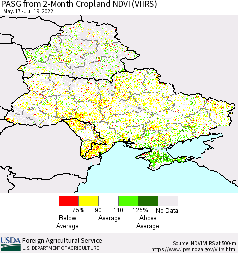 Ukraine, Moldova and Belarus PASG from 2-Month Cropland NDVI (VIIRS) Thematic Map For 7/11/2022 - 7/20/2022