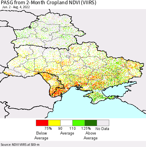 Ukraine, Moldova and Belarus PASG from 2-Month Cropland NDVI (VIIRS) Thematic Map For 7/28/2022 - 8/4/2022
