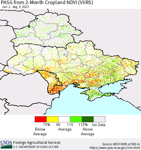 Ukraine, Moldova and Belarus PASG from 2-Month Cropland NDVI (VIIRS) Thematic Map For 8/1/2022 - 8/10/2022
