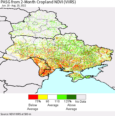 Ukraine, Moldova and Belarus PASG from 2-Month Cropland NDVI (VIIRS) Thematic Map For 8/11/2022 - 8/20/2022