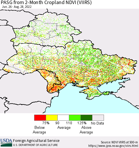 Ukraine, Moldova and Belarus PASG from 2-Month Cropland NDVI (VIIRS) Thematic Map For 8/21/2022 - 8/31/2022