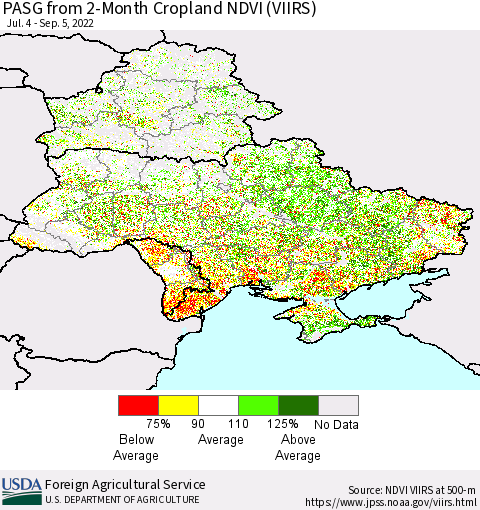 Ukraine, Moldova and Belarus PASG from 2-Month Cropland NDVI (VIIRS) Thematic Map For 9/1/2022 - 9/10/2022